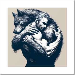 Man and Werewolf Hugging Gay Lovers Posters and Art